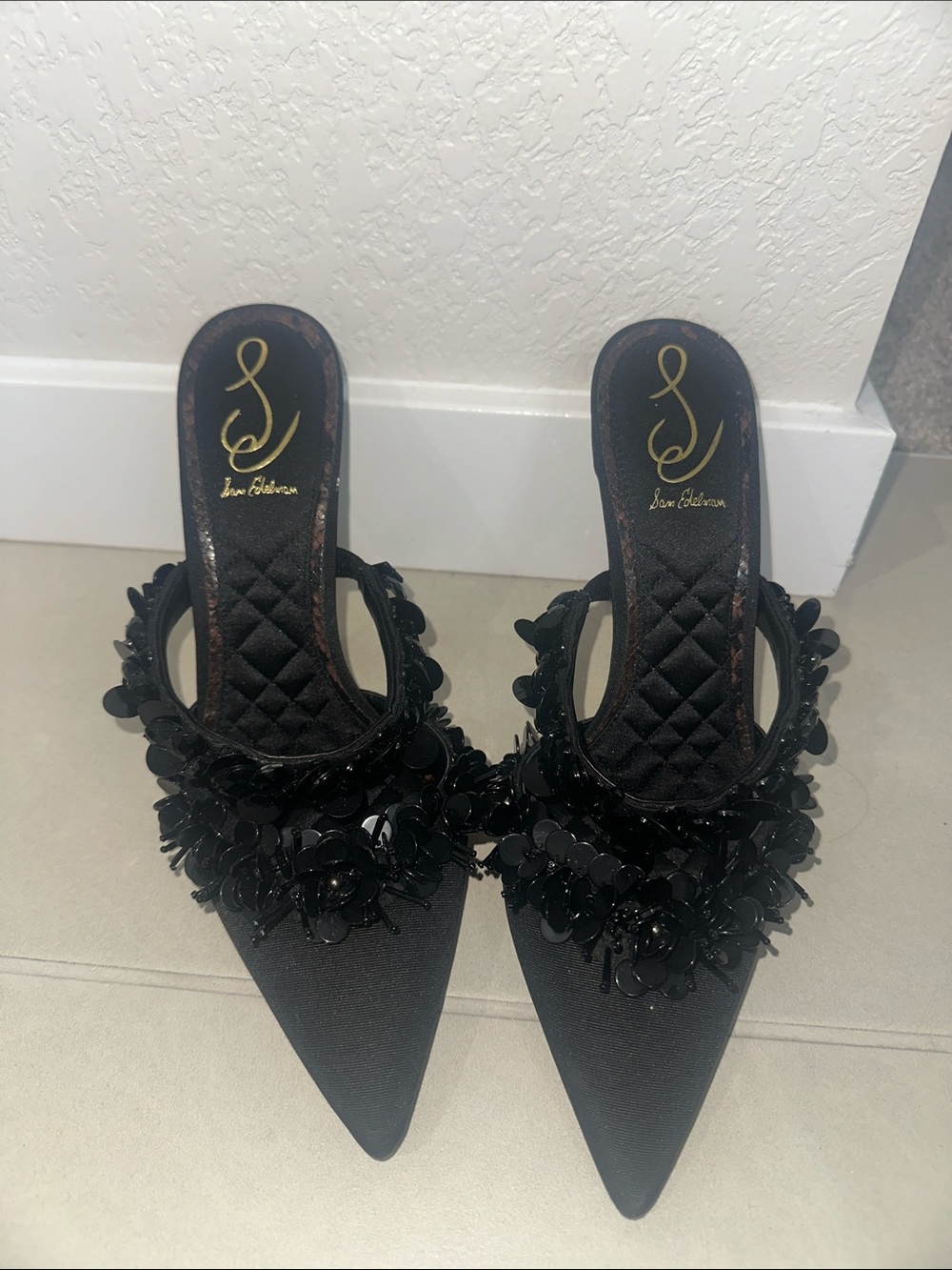 Sam Edelman Black Sequin Floral Pointed-Toe Mules